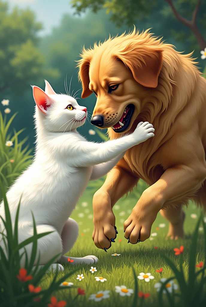 a cat and a dog, The cat is white, the dog is a golden retriever having a fight, styled