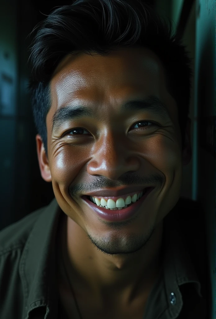 close up of a smiling muscular dark skin Filipino man's face in a hallway, nightmare