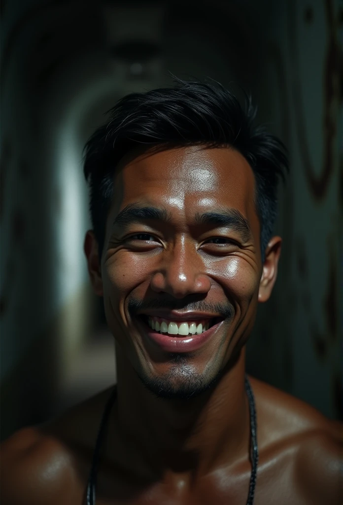 close up of a smiling muscular dark skin Filipino man's face in a hallway, nightmare