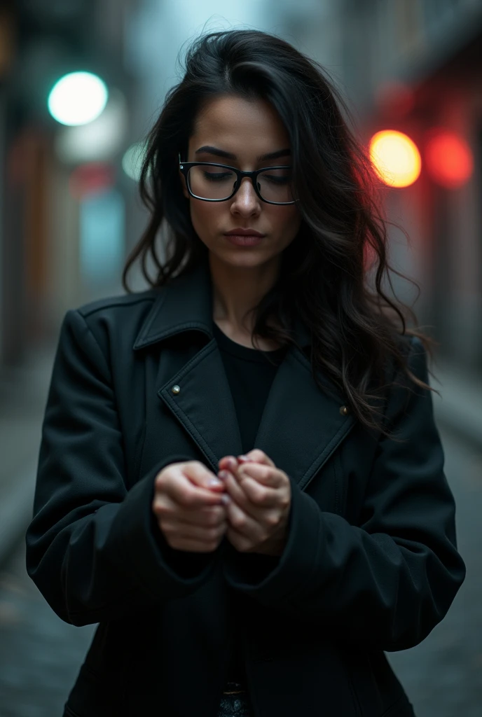 To count,women,lasts,Glasses,black jacket,city street background,hips,(close up:1.2),dimly lit
