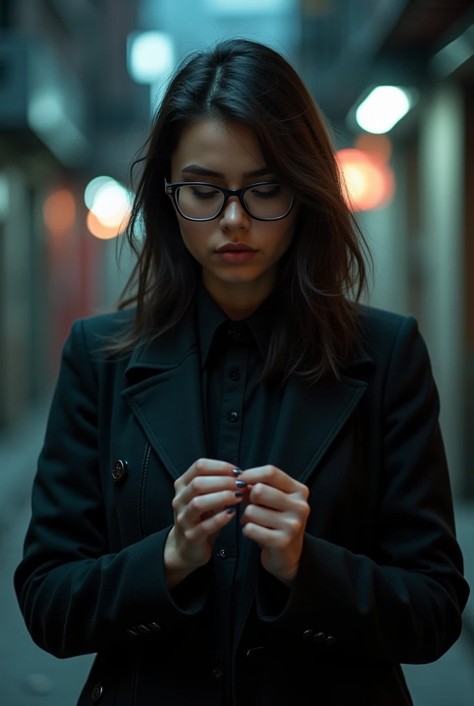 To count,women,lasts,Glasses,black jacket,city street background,hips,(close up:1.2),dimly lit
