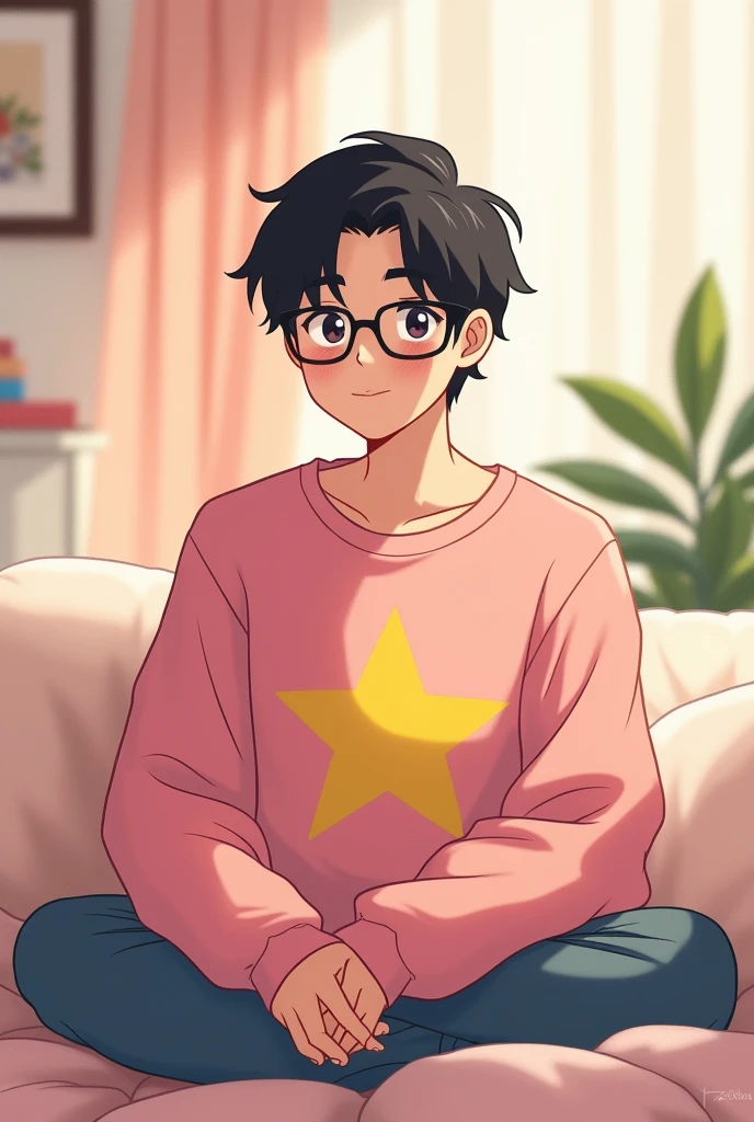 one men ((27 years old)) with black hair and wearing glasses, wearing a slightly oversized pink sweatshirt with a yellow star in the center, around it there is a house with white and pink furniture bringing an air of comfort and peace to the place