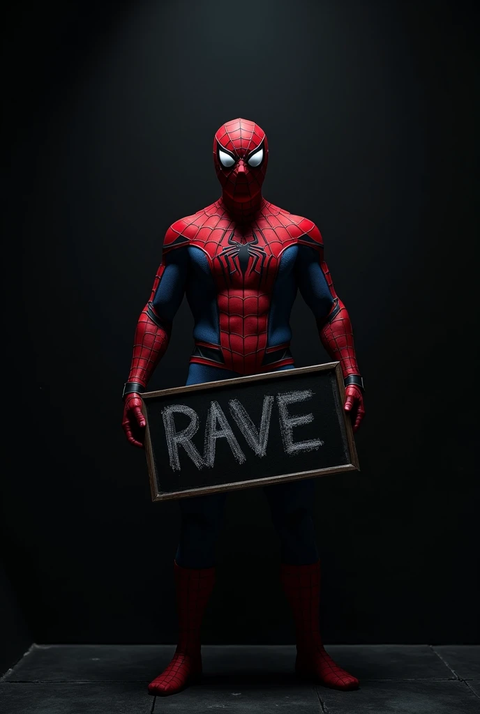 Spiderman inside a black room, holding a black board with the name RAVE written inside