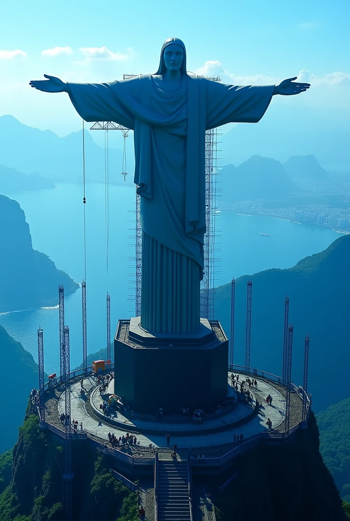 Christ the Redeemer in Rio de Janeiro under construction, with the main themes of the image in shades of blue