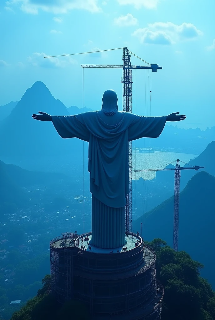 Christ the Redeemer in Rio de Janeiro under construction, with the main themes of the image in shades of blue