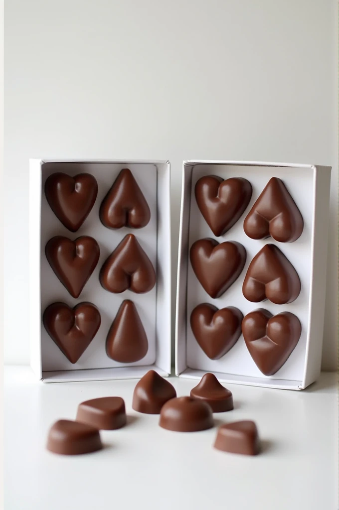 I need you to make two boxes of chocolates that contain a variety of breast shapes., Women&#39;s intimate parts and body shapes, that they are on a shelf and next to each box an individual sample of each type of chocolate, that the background is white and the chocolates are pure chocolate not colored, that the boxes are completely white and that they contain a transparent lid so that the inside can be seen and contains a border.