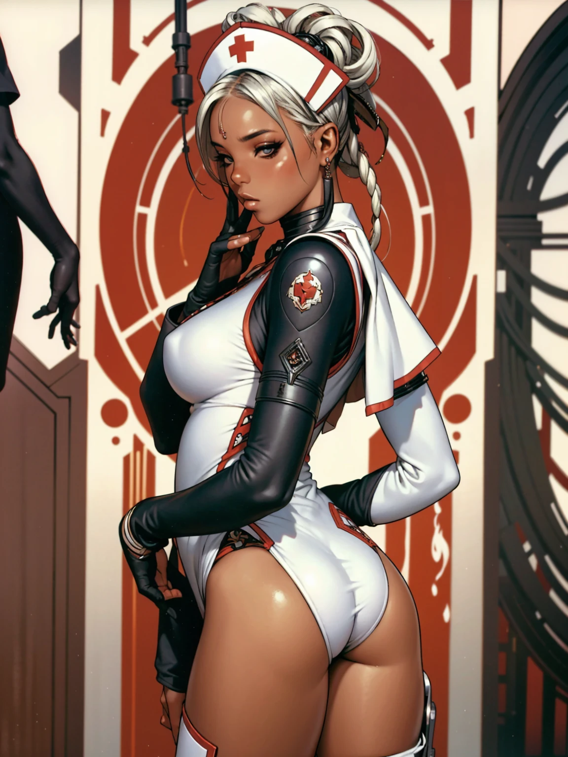 ((Kizi negra))), Kizi africana, (((skin black, darkskin))), (((white hair))), ((( nurse suit ))), (((back view))), (((perfect ass))), ((high collar)), (((black with red details))), (((best qualityer: 1.4))), (Unbeatable masterpiece), (hiper HD),(CG 8k hyper-realistic), (((brave face))), (((breasts big))), (((hyper feminine))), sexly afro girl,(black bob hair)), ((( sculptural body ))), (((1 Kizi))), afro girl com perfectbody,,Beautiful and well-groomed face,muscular body:1.2,solid color detailed jacket, (Head to thigh photos), Complex equipment, green dark,Long pants,Tight clothes are dark,With white stars and off-white stripes,,,,,Armor Metal Electronic Parts, Poison tattoos ) INFO, Kizi, (((standing alone))), pirralha violent, ((())), sexly, pose de atitude, work of art, post-apocalypse, (((manga style))), bounty hunter, violent, Manic, the way you want, slenderbody, thin but strong, perfectbody, roupa moderna, advanced technology, neon, sleeves with vertical striped pattern, neutral background, (( cowboy shot )). intricate visual