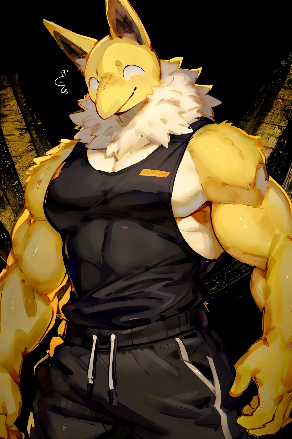 Furry, Anthro, solo, Hypno, Male, (((muscular body, massive male pectorals, yellow-gold skin, fluffy neck, wearing white fur around neck))), ((((massive biceps, wide-eyed, head tilted)))), ((((((massive bulky torso, happy, wearing black full male tanktop, wearing black sweatpants)))))), upper body, worm’s eye view, black/yellow spraypainted background, by buta99, by zackary911, by bebebebebe, (((digital painting)))