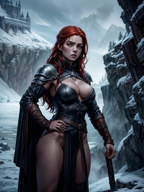 Game of thrones, wildling girl karsi(Brigitte Hjort Sørensen)standing naked on the great ice wall looking down, redhead ginger,