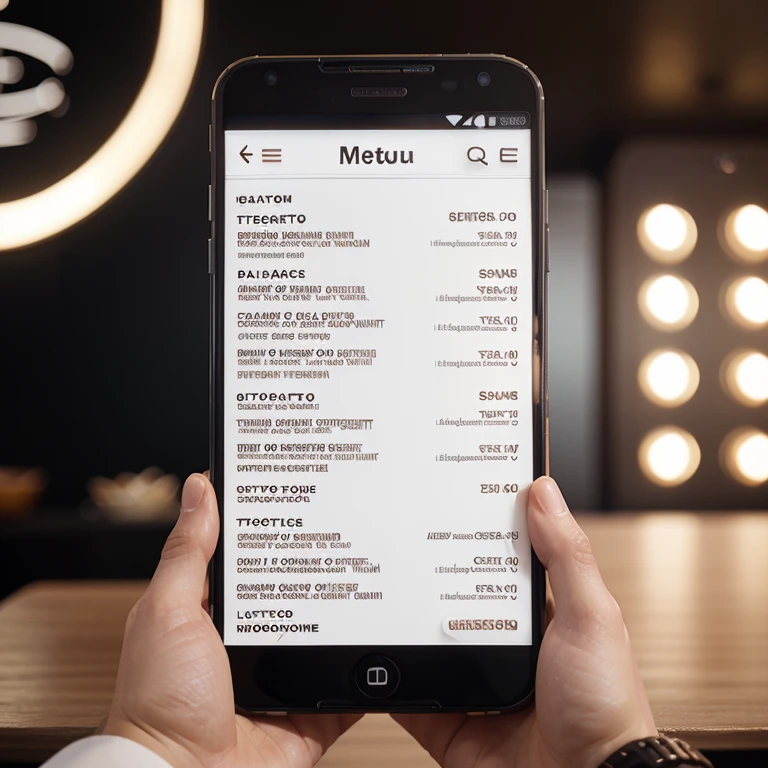 a beautifully designed digital restaurant menu on a mobile phone, intricate details, elegant typography, mouthwatering food photography, seamless user experience, dynamic layout, vibrant colors, soft shadows, high-end branding, minimalist style, clean and modern aesthetic, photorealistic rendering, professional quality, 8k resolution, masterpiece