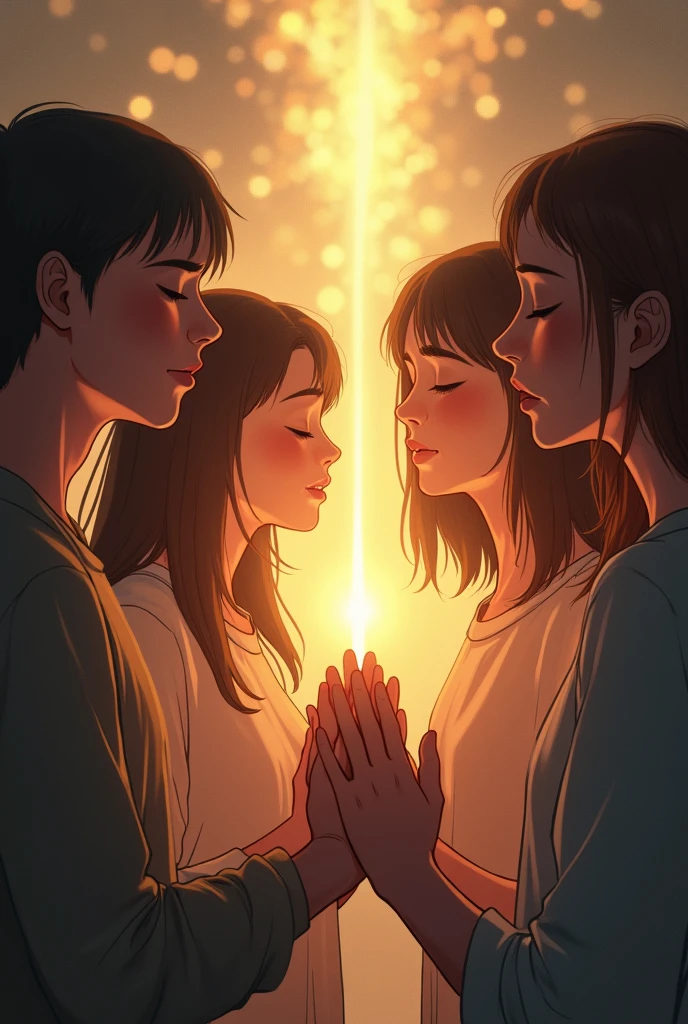 Many young people holding hands praying to God with passion and with a bright light coming out of their hearts
