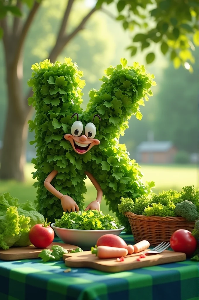 The letter K smiling, glad, making a green salad, with lettuce, spinach, watercress, arugula next to a basket with radish, broccoli, chou, it's on an outdoor table with trees in the background, on the table there is a green and blue checkered tablecloth