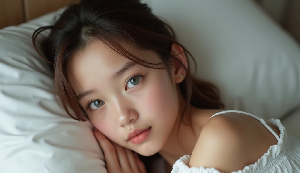 Cute 12 year old girl, slender youthful woman, full body in bed, slim body, thin, sexy, photorealistic, extremely detailed, high quality 8K, beautiful detailed eyes, beautiful detailed lips, without clothes big boobs