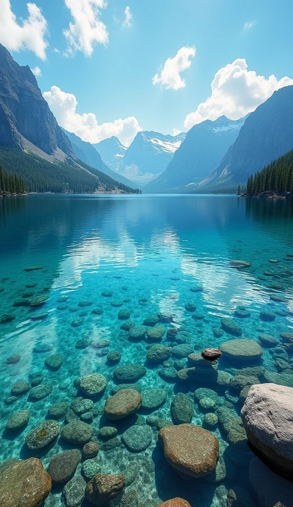 Create a cinematic 4K image, DSLR Canon style, of a large crystal-clear lake. Show the vast expanse of the lake with such clarity that the bottom is visible, revealing thousands of colorful gemstones, such as rubies, emeralds, sapphires, and amethysts. The scene should highlight the depth and beauty of the gemstones at the lake's bottom, with light reflecting and refracting through the water to create a stunning visual effect that emphasizes the grandeur of the lake."