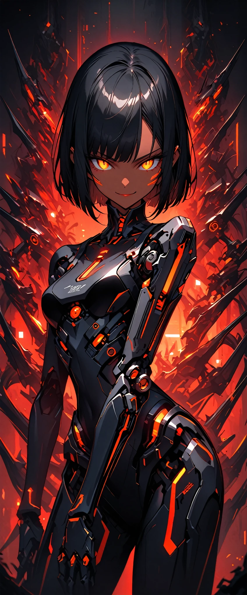 solo, female, close up, Black hair, sleek and straight hair, chin-length bob cut, slightly tousled bangs framing her face, hair infused with metallic threads, shimmering hair, slit pupils, amber-gold iris, augmented eyes, Smooth skin, tan, Lean, athletic, long limbs, multiple arachnid mechanical limbs, confident stance, small glowing nodes scattered across her sides, cybernetic enhancements, medium shot, pinup pose, computer lab, dark, futuristic, smirk