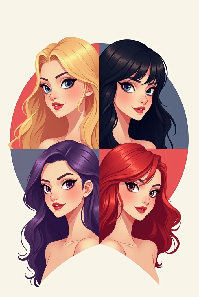 Creative logo for an Instagram page about four sexy girls. The logo should be in the form of a drawing, with the girls' faces. It should not contain letters or symbols in the image. One has blond hair, one has black hair, one has Japanese features (slanted eyes) purple hair, The last one is redhead. They are all white.