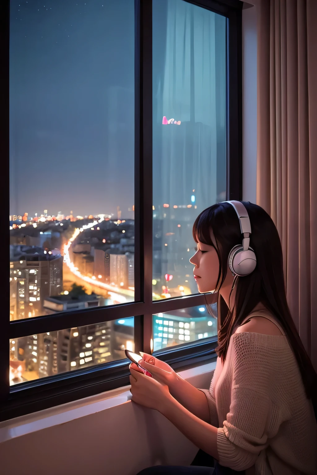 Night view　Cute girl listening to music in front of a big window　Outside is a beautiful cityscape　