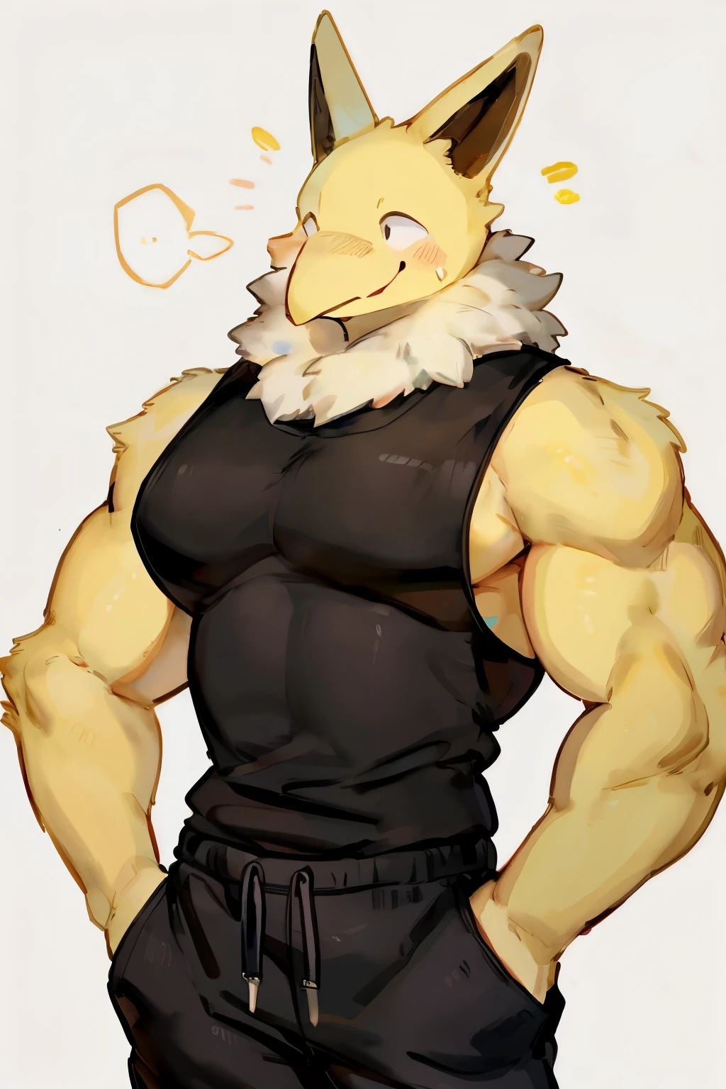 Furry, Anthro, solo, Hypno, Male, (((muscular body, massive male pectorals, yellow-gold skin, fluffy neck, wearing white fur around neck))), ((((massive biceps, wide-eyed, head tilted)))), ((((((massive bulky torso, happy, wearing black full male tanktop, wearing black sweatpants)))))), upper body, black/yellow spraypainted background, by buta99, by zackary911, by bebebebebe, (((digital painting)))