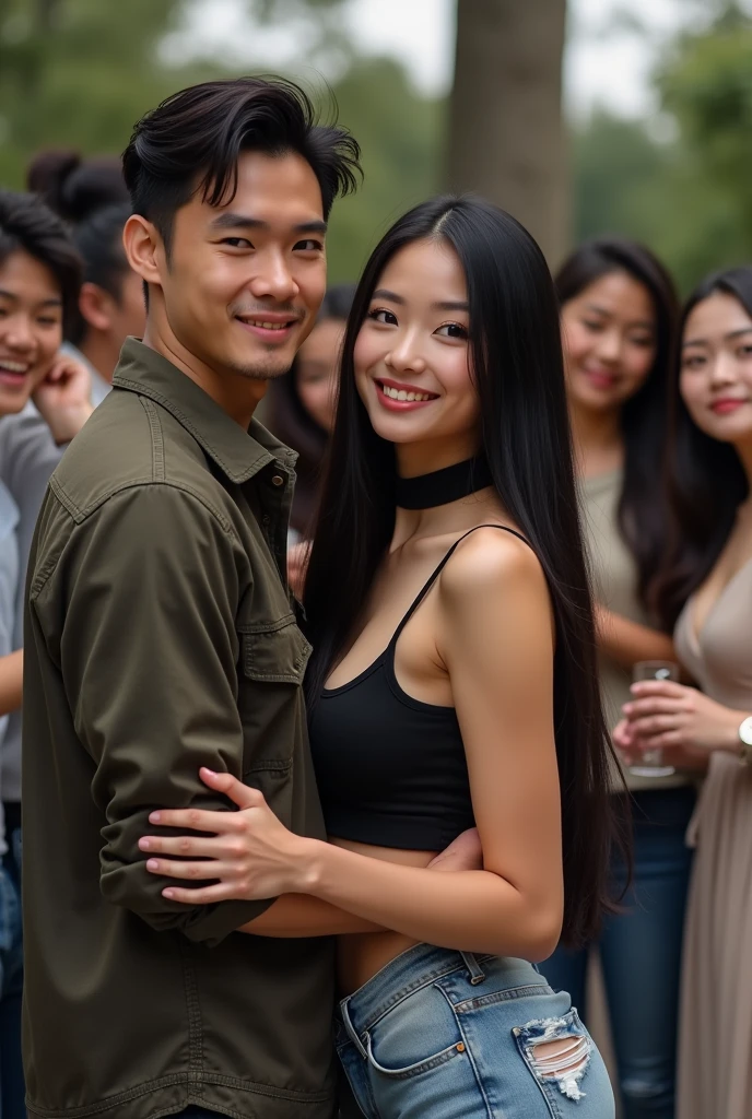 A beautiful asian women, long straight black hair, big breast,  big boobs, big tits,  double eyelids,  beautiful face,  beautiful makeup , realistic detailed, wearing a sexy black choker top, and ripped jeans,  with friends outside, beautiful smile, sexy pose with her boyfriend. Lovers, men and women, boyfriend and girlfriend, selfie 