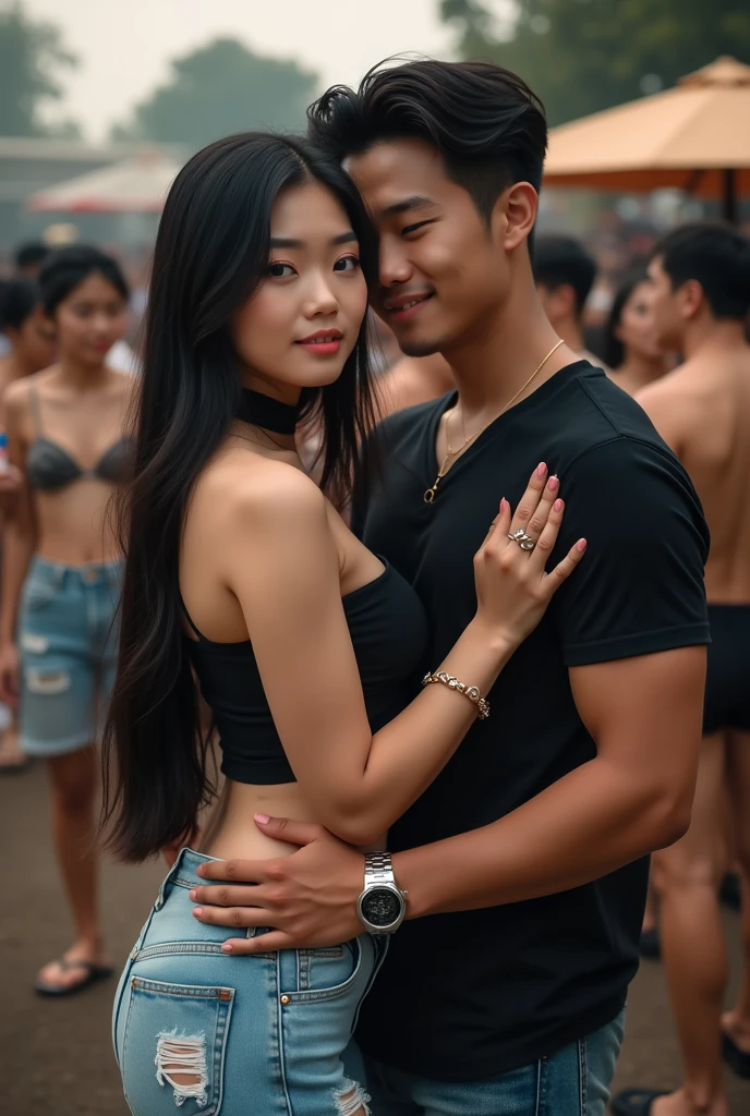 A beautiful asian women, long straight black hair, big breast,  big boobs, big tits,  double eyelids,  beautiful face,  beautiful makeup , realistic detailed, wearing a sexy black choker top, and ripped jeans,  with friends outside, beautiful smile, sexy pose with her boyfriend. Lovers, men and women, boyfriend and girlfriend, selfie 