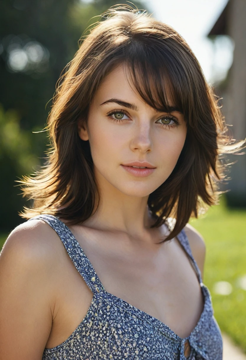 27 yo girl, brunette, close-up, girl next door, everyday clothes, sunny day, outdoor, medium hair, cinematic lighting, best quality, ultra detailed, high resolution,