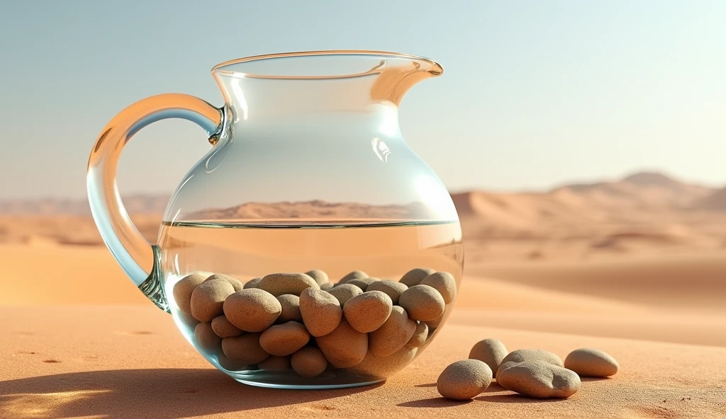 The pitcher is now filled with half water and half pabbles and water level is high that it is now full due to pebbles in pitcher.
The pitcher is transparent.
The background is desert.