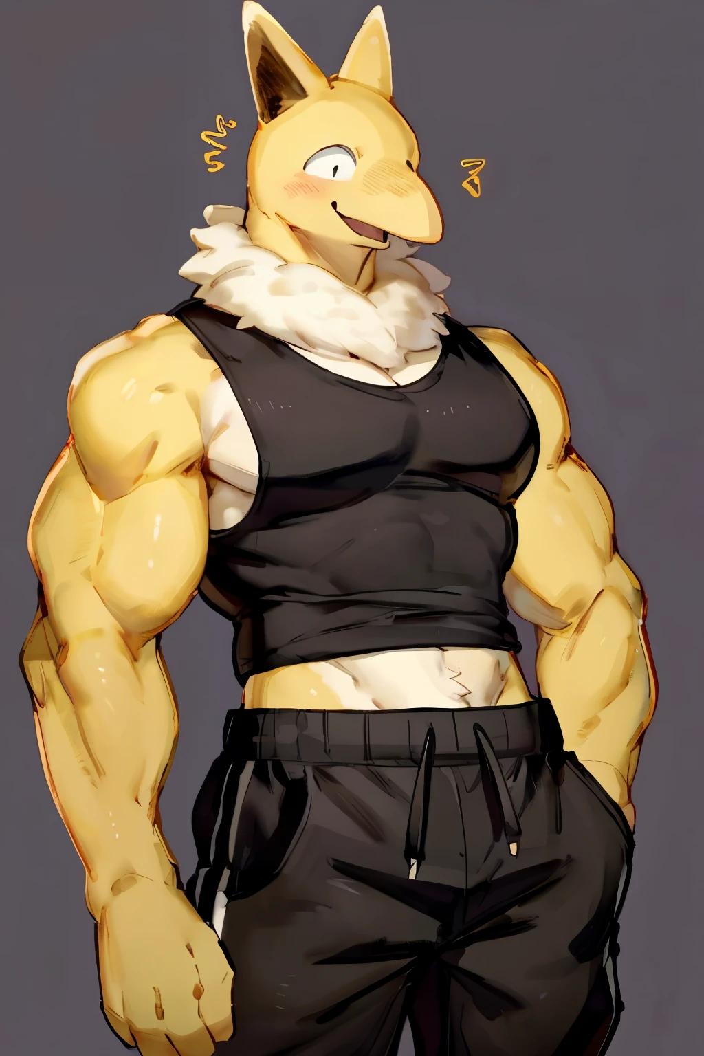 Furry, Anthro, solo, Hypno, Male, (((muscular body, massive male pectorals, yellow-gold skin, fluffy neck, wearing white fur around neck))), ((((massive biceps, wide-eyed, head tilted)))), ((((((massive bulky torso, happy, wearing black full male tanktop, wearing black sweatpants)))))), upper body, black/yellow spraypainted background, by buta99, by zackary911, by bebebebebe, (((digital painting)))