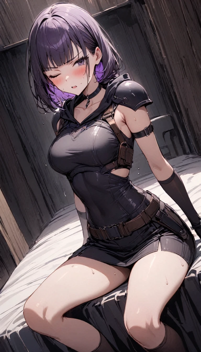 solo,1girl, {{Very slim legs:1.2}},slim body,{{sit1.4}},{{Sitting on the bed:1.8}},Mature Women,Dynamic composition、Dutch Angle,from side,Focus on thighs,{{masterpiece}}, {{{Highest quality}}},{{Very detailed}},magic swordsman,armor, {{armpit, arm cover:1.6}},shoulder armor,one eye closed,{{sit1.4}},{{Sitting on the bed:1.8}},{{Hold one arm of yourself}},v-shaped eyebrows.profound,Bad mood,blush,Sweat,{{clavicle:1.4}},{{Leather knee socks}},hoody,choker,mini skirt,,WHITE Inner suit under armor,black fingerless gloves,belt, chest holster, long purple hair,Blunt bangs,Inside the inn