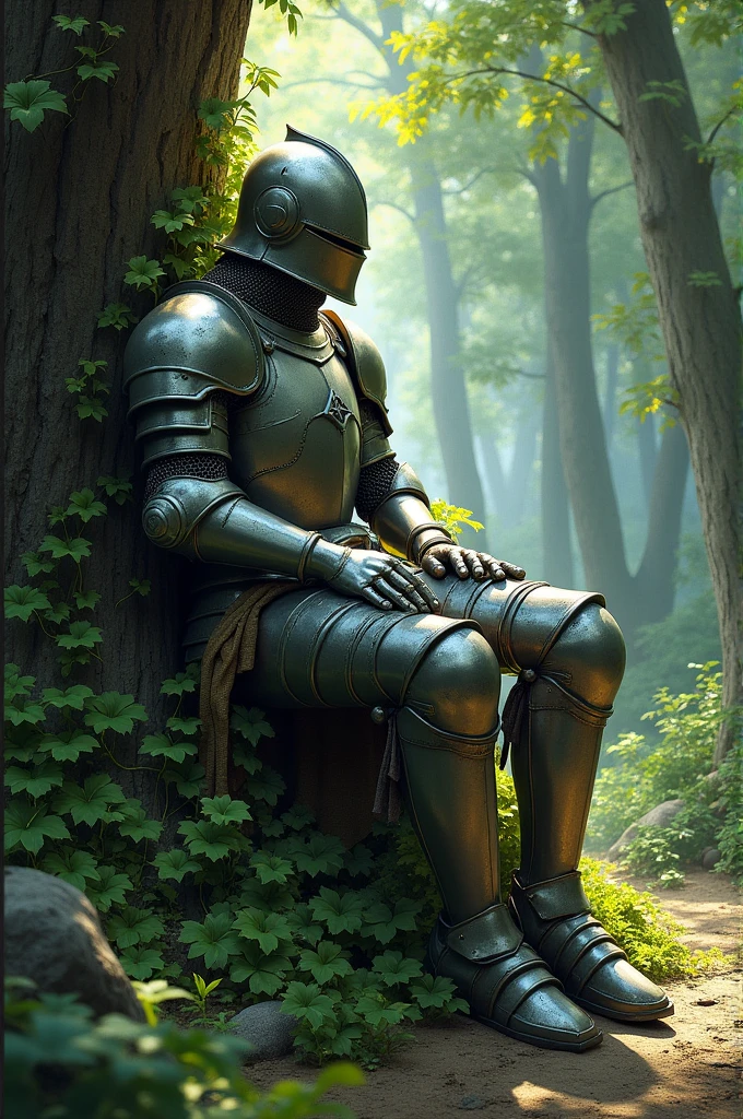 (Knight lying and leaning on the tree in the forest:1.2), flora, vine grows on his armor,full armor, helmet, (knight:1.2),dnd art, dungeons and dragons art, high fantasy illustration,d & d art style