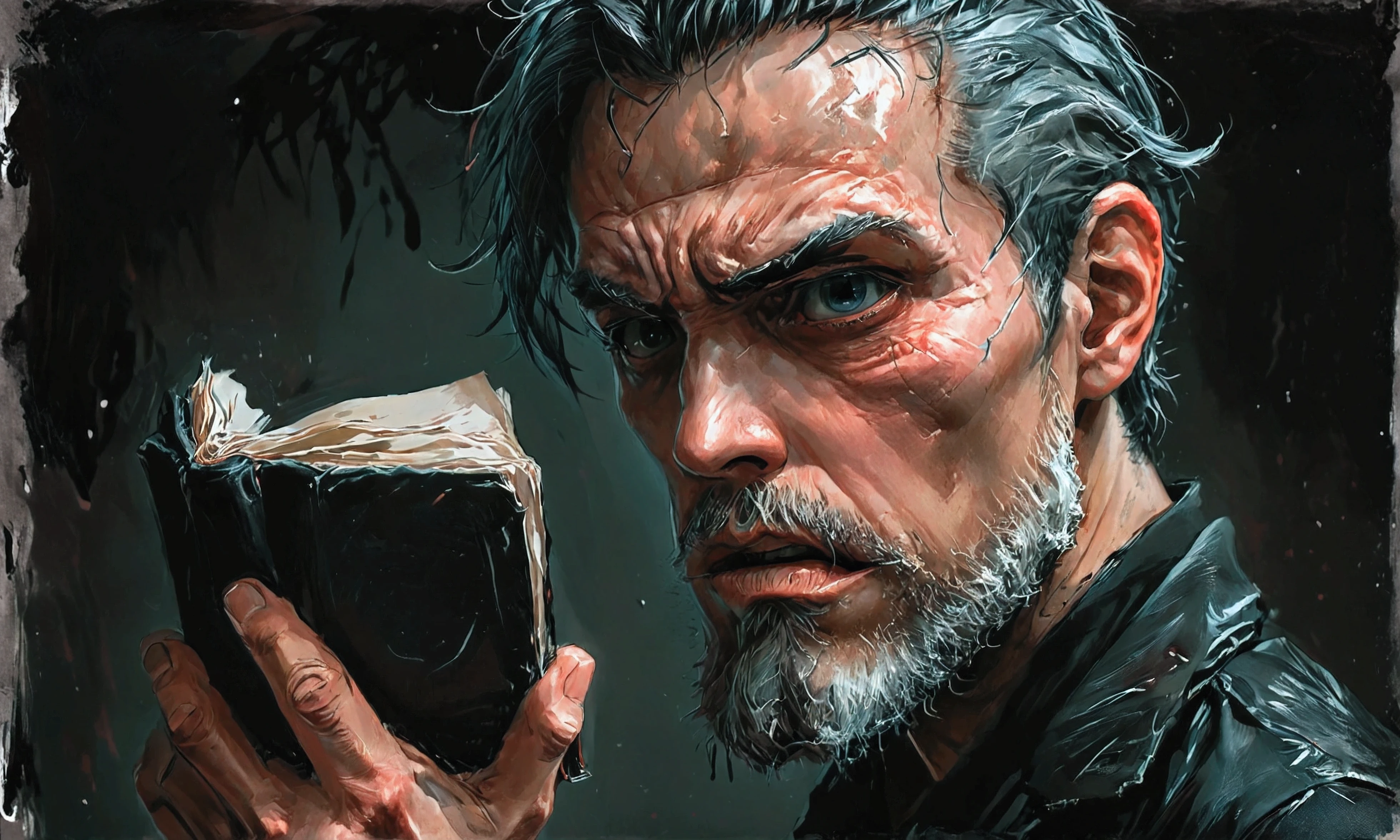 A SCARED MAN HOLDING A BLACK COVERED BOOK,manga style art,manga style art,manga style art,manga style