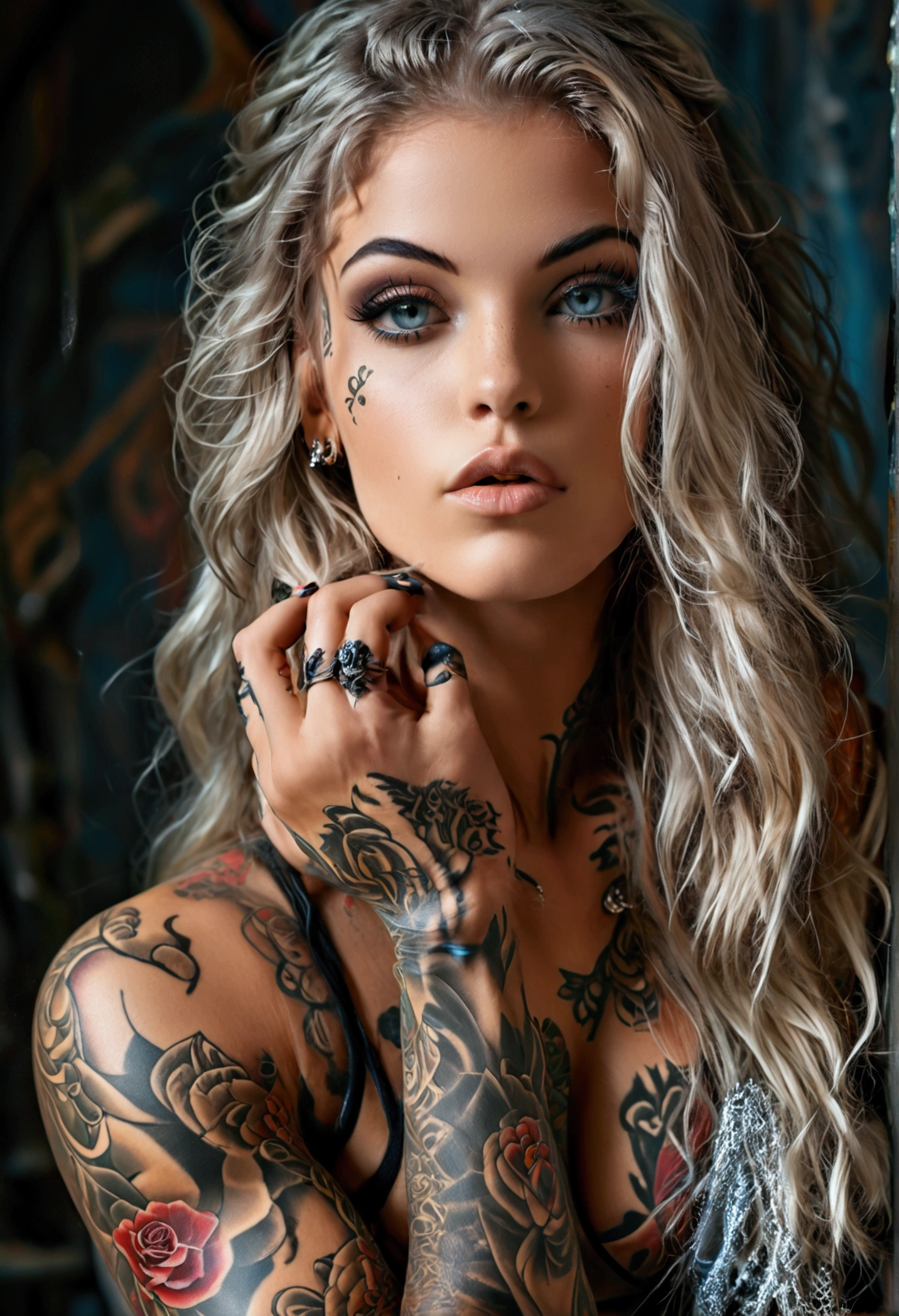 Create a hyper detailed photograph of a tattooed muscular young sexy girl holyknight, Stunningly perfect gorgeous feminine face, perfect makeup, detailed vibrant eyes, long flowing hair, big beautiful muscular legs, big beautiful muscular arms, perfect hour glass body figure, detailed smooth skin, large breast, perfect round ass, complete full body view,
