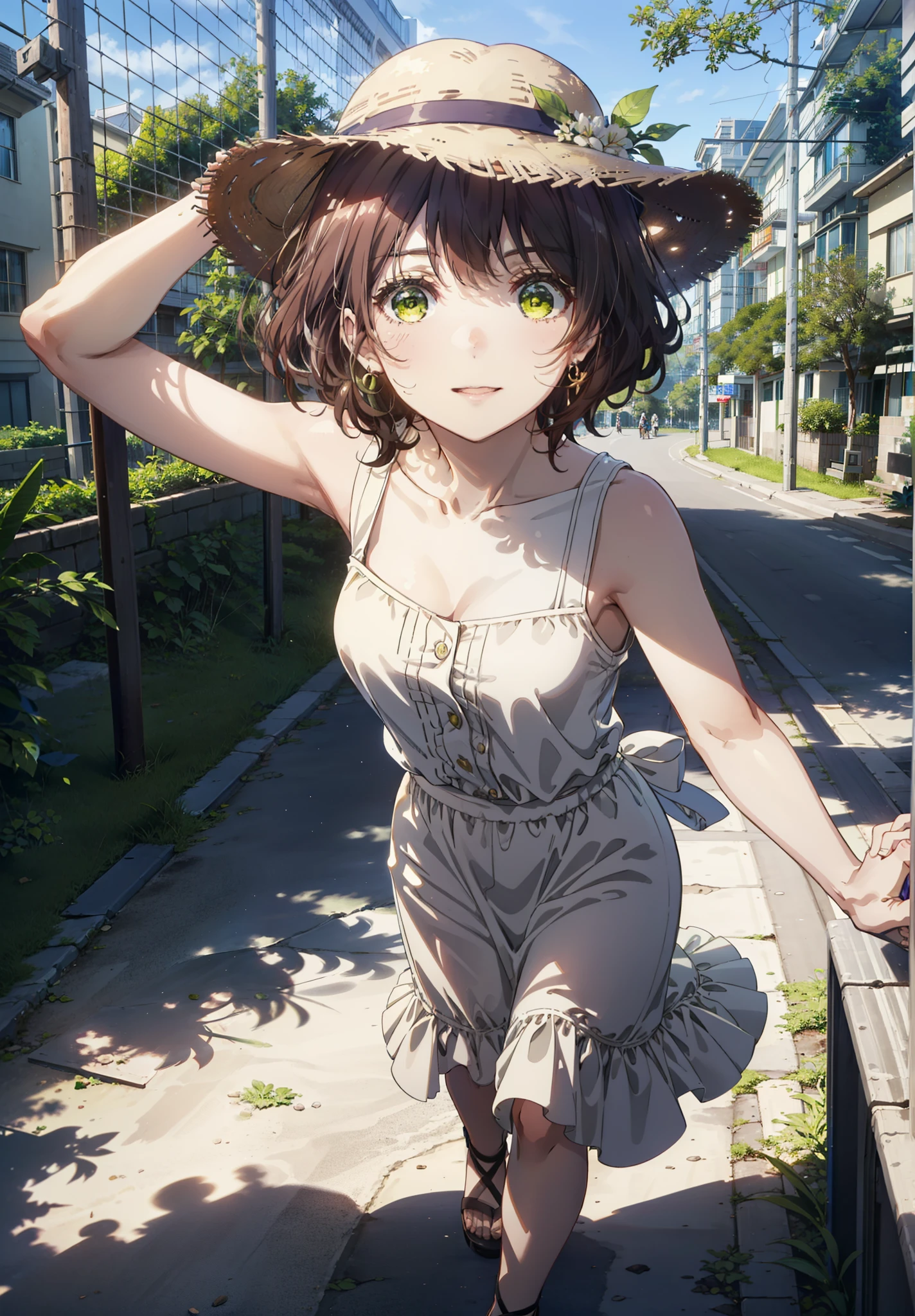 Seven days, Aoi Hinami, short hair, bangs, Brown Hair, (Green Eyes:1.5), smile,Straw hat,Sleeveless dress,Bare arms,Long skirt,Cute heeled sandals,Walking,morning,morning陽,The sun is rising,Palm tree,whole bodyがイラストに入るように,
break outdoors, Coastal Road,tropical,
break looking at viewer,whole body,
break (masterpiece:1.2), Highest quality, High resolution, unity 8k wallpaper, (figure:0.8), (Beautiful attention to detail:1.6), Highly detailed face, Perfect lighting, Highly detailed CG, (Perfect hands, Perfect Anatomy),