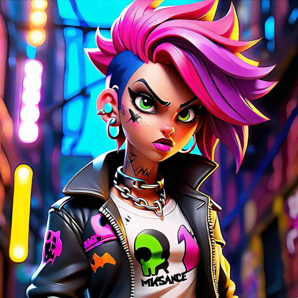 Adult "Singer" sunset nsfw (hyper realista:1.4), (insanrealista:1.3) Unparelleled Female (bright colors:1.2,high-res,masterpiece:1.2) Punk rocker girl with a rebellious attitude, vibrant pink and blue hair, dark smoky eye makeup, and studded leather jacket. [Grunge] [Raw energy] [Outfit: ripped jeans, combat boots] [Tattoos: colorful sleeve] [Attitude: confident, fierce] [Background: graffiti-covered wall, abandoned warehouse] [Stage presence: dynamic] [Music: blasting rock music] [Lighting: dramatic spotlight] [Dystopian vibes] [Electric guitar] [Spiked choker necklace] [Smoke effects] [Lip piercing] [Tattooed arms] [Confetti] [Crowd: cheering, moshing] [Dynamic poses] [Excitement: electricity in the air] [Punk rock attitude],(insane unrealengine5,epic tMasterpiece,max best quality, ultra-highdef XT3 ultra-highres),ultra-detailed,ultra sharp focus, naked, varies,multi, etc. --v 6 --s 1000 --c 20 --q 500 --chaos 100