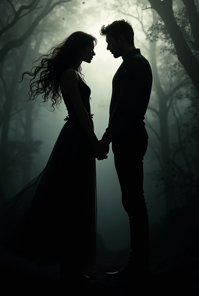 A silhouette of a woman with curls as she takes the hand of a tall black silhouette of a man. ((black aura))