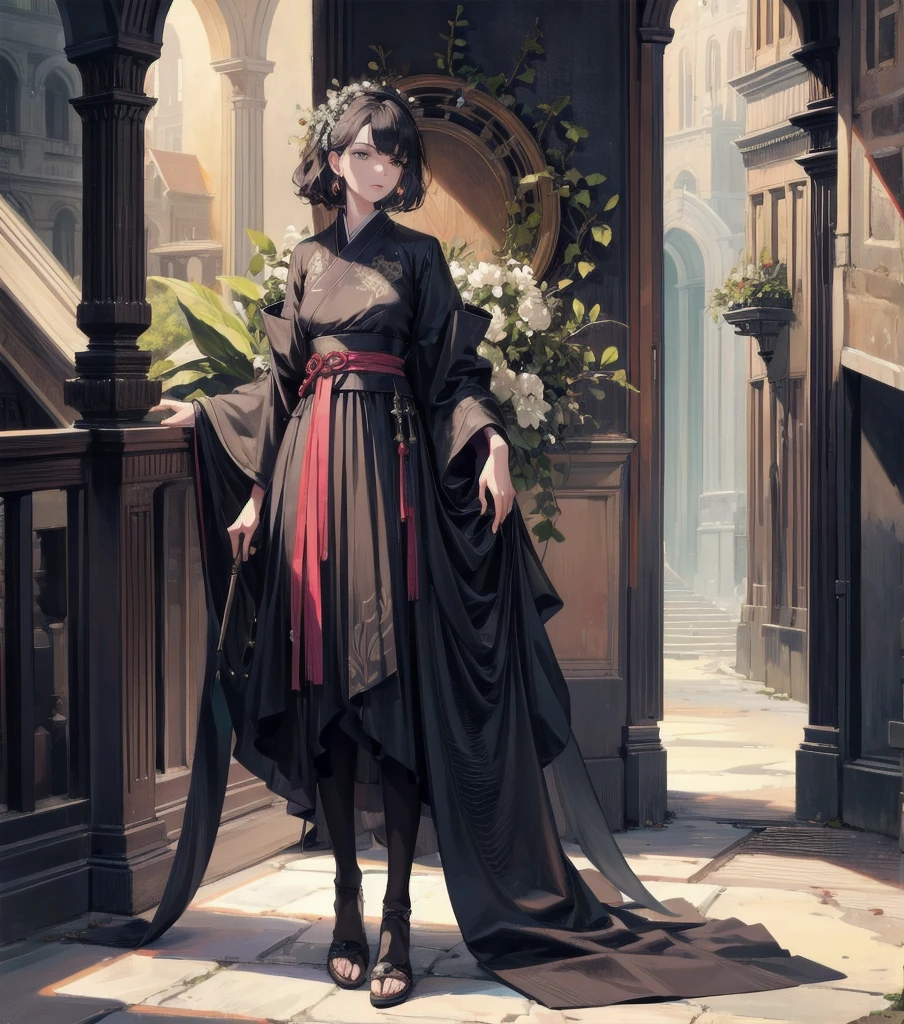 absurdres, RAW photo, extremely delicate and beautiful, masterpiece, Best Quality, ultra high resolution, 32k, hyper realistic, ultra-detailed, Very detailed CG 8k wallpaper, detailed background, landscape, Beautiful Lighting, Perfect Lightning, Realistic Shadows, perfect , anatomically correct, ideal ratio body proportions, perfect figure, Perfect Style, Perfect balance, super Detailed skin, in her 30s, very Slim body, narrow waist, very small head, very small face, delicate  features, handsome detailed woman, very detailed eyes and face, realistic face proportions, Realistic beautiful face, Realistic beautiful eyes, tearful mole, earring, very huge round tits, medium short hair, asymmetrical hair, wavy hair, indoor, long sleeves, hanfu, scythe, black dress, tall,