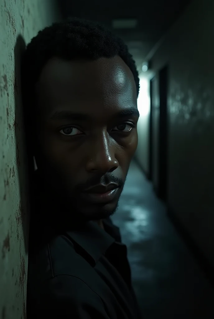 close up of a light skin black man's face in a hallway, nightmare
