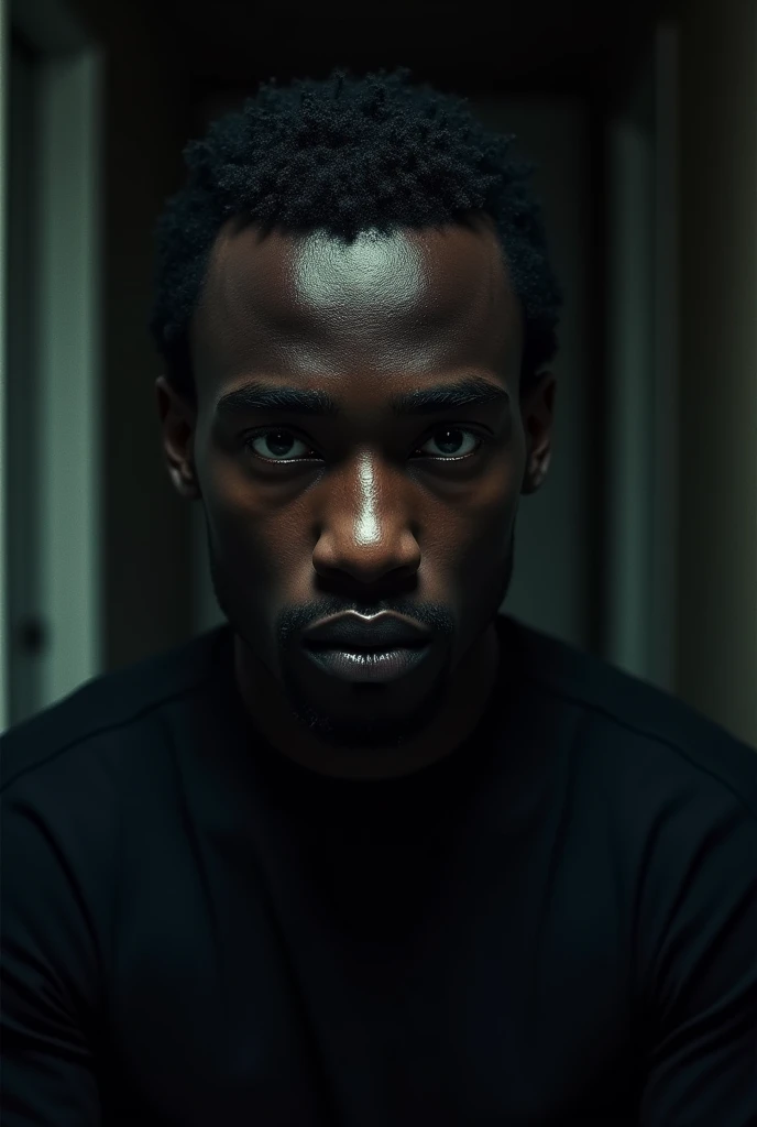 close up of a light skin black man's face in a hallway, nightmare