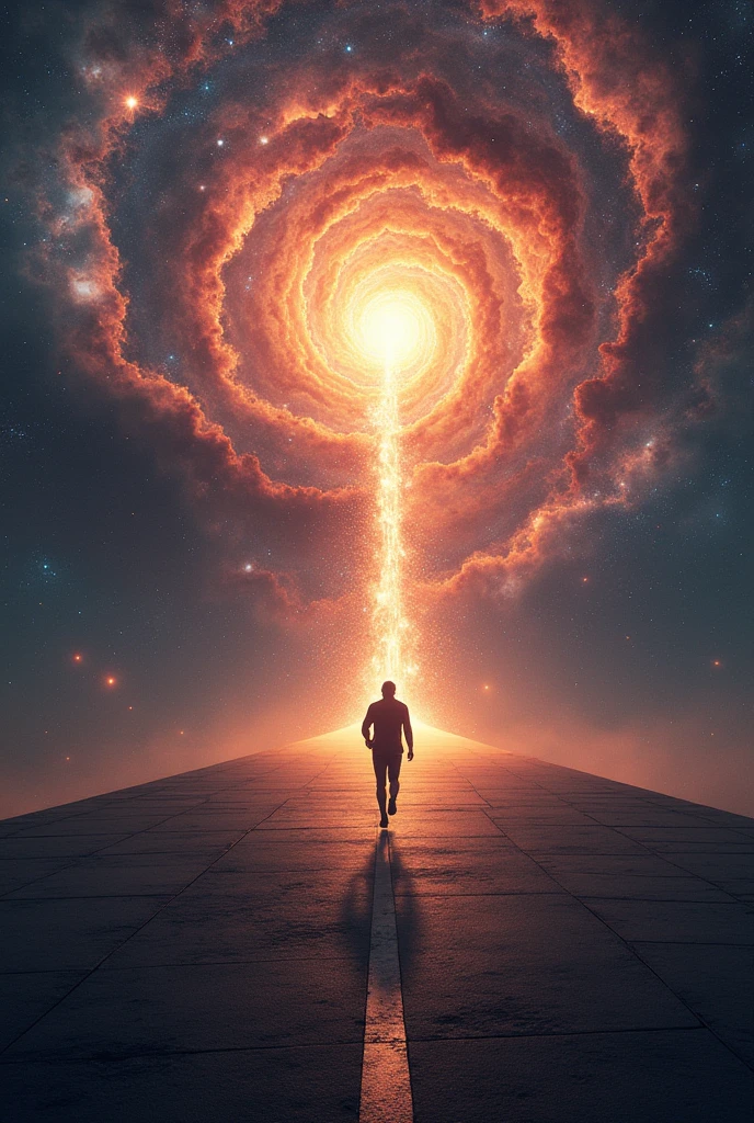 A person running down the infinite path while space surrounds the infinite galaxies exploding around and stars