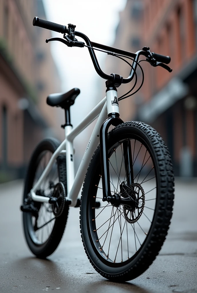 A BMX with a white frame, black fork, black handlebar, black pedals and black rims