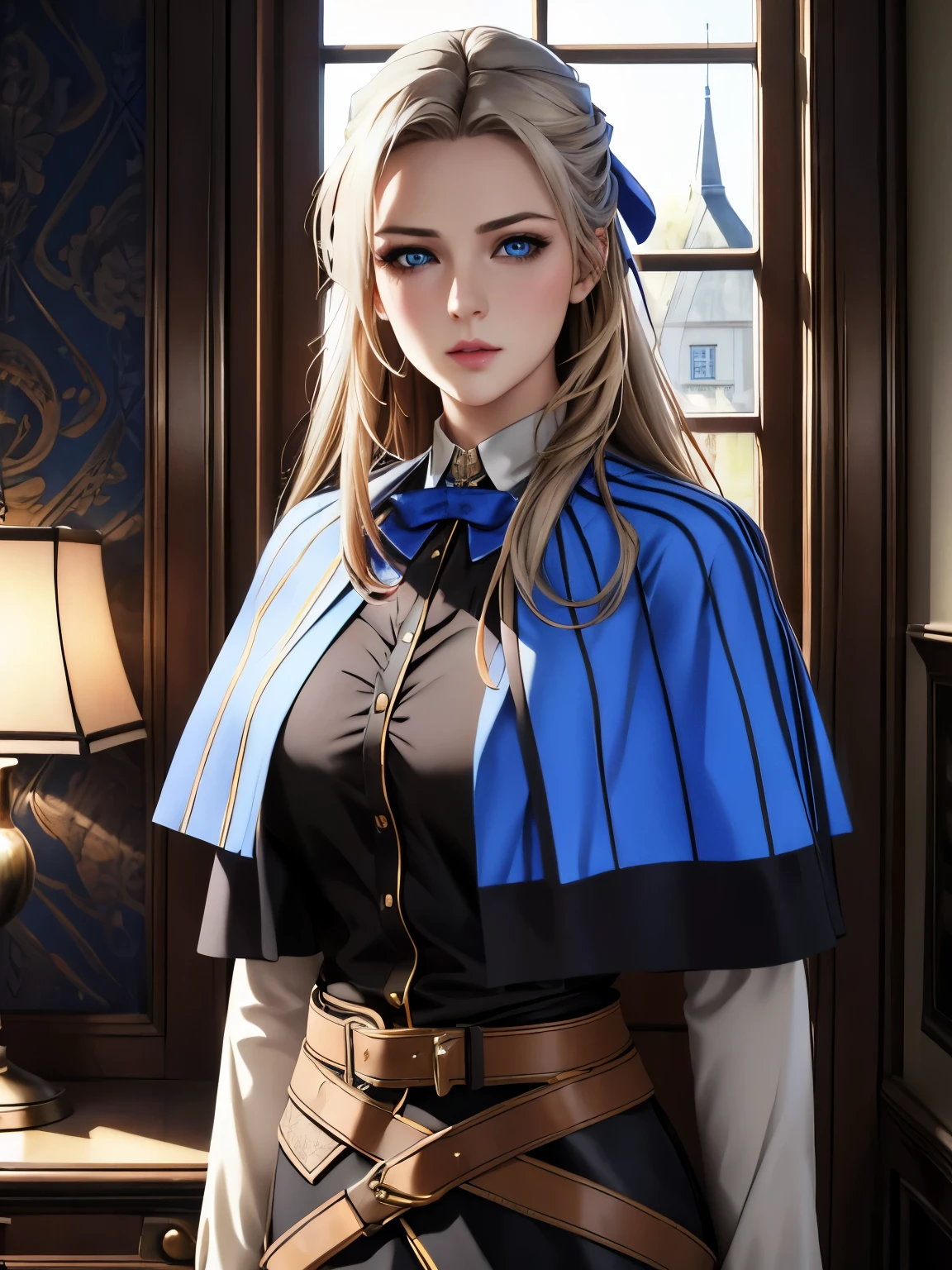 a beautiful young woman, liliana kranjcar, detailed portrait, piercing blue eyes, delicate facial features, long straight platinum hair, elegant posture, serene expression, intricate detail, uniform with capelet, white thighighs, black skirt, ribbon, belt, lush garden setting, golden hour lighting, warm color palette, cinematic composition, (best quality,8k,highres,masterpiece:1.2),ultra-detailed,(realistic,photorealistic,photo-realistic:1.37),vibrant colors,cinematic lighting,dramatic shadows,natural beauty,intricate details