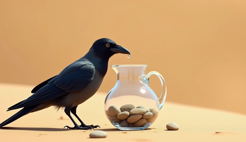 The pitcher is now filled with half water and half pabbles and water level is high that it is now full due to pebbles in pitcher.
The crow happily drinking water from the pitcher, looking relieved.
The pitcher is transparent.
The background is desert.