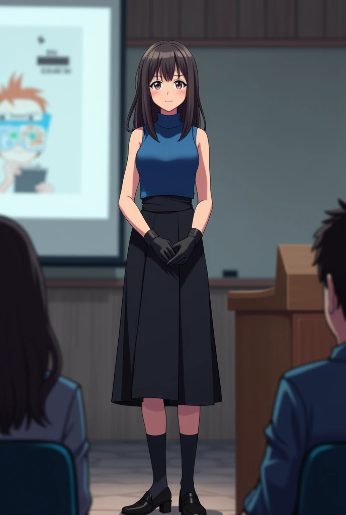 girl wearing blue sleeveless turtleneck tucked in long black skirt with black socks and black shoes and also black gloves giving a presentation while feeling nervous