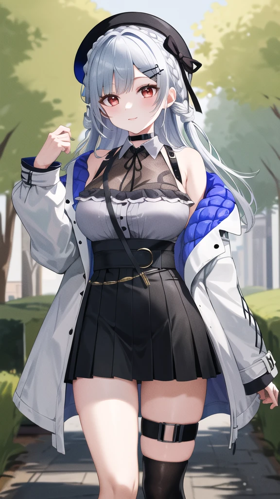 masterpiece, best quality, highres, hmhy1, hat, beret, braid, hairclip, large breasts, black choker, grey shirt, sleeveless shirt, white jacket, open jacket, long sleeves, black skirt, fishnets, thigh strap, single thighhigh, standing, cowboy shot, outdoors