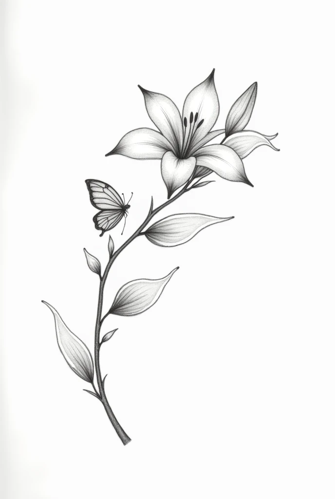 branch with a delicate lily flower, leaves on the stem, with a butterfly in the middle, drawing, tattoo, black and white