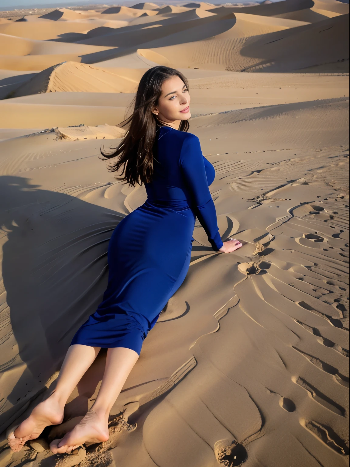 adult woman fully, perfect smile, full body shot, girl with blue eyes, ultra realistic, meticulously detailed, brunette hair, without makeup, face with artgram, subtle makeup, stunning full body shot, covered body, wearing dark long dress, nice breast, large size bust, candid camera, in the desert of KSA, sleeping on the sand, shot from above, birdeye angle