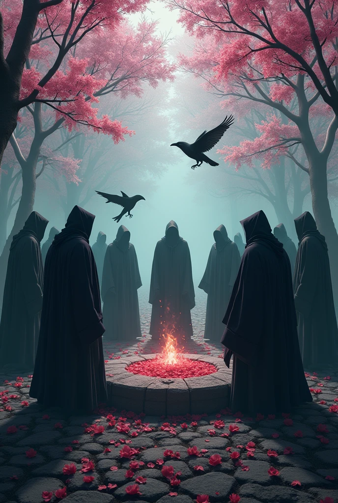 I need a cult making a sacrifice of a deck of cards against humanity in the middle of a woods of cherry blossoms with a shark and a crow fighting.  with the phrase"Family Against Humanity" at the bottom 