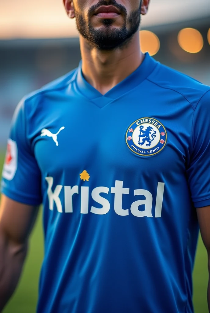 Blue football jersey with the Kristal sponsor logo visible on the shirt.
