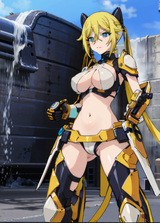 tail yellow, yellow hair, blue eye, big breasts, navel, sexy hot body,, best quality, detailed face, pussy, nipple, detailed lip,