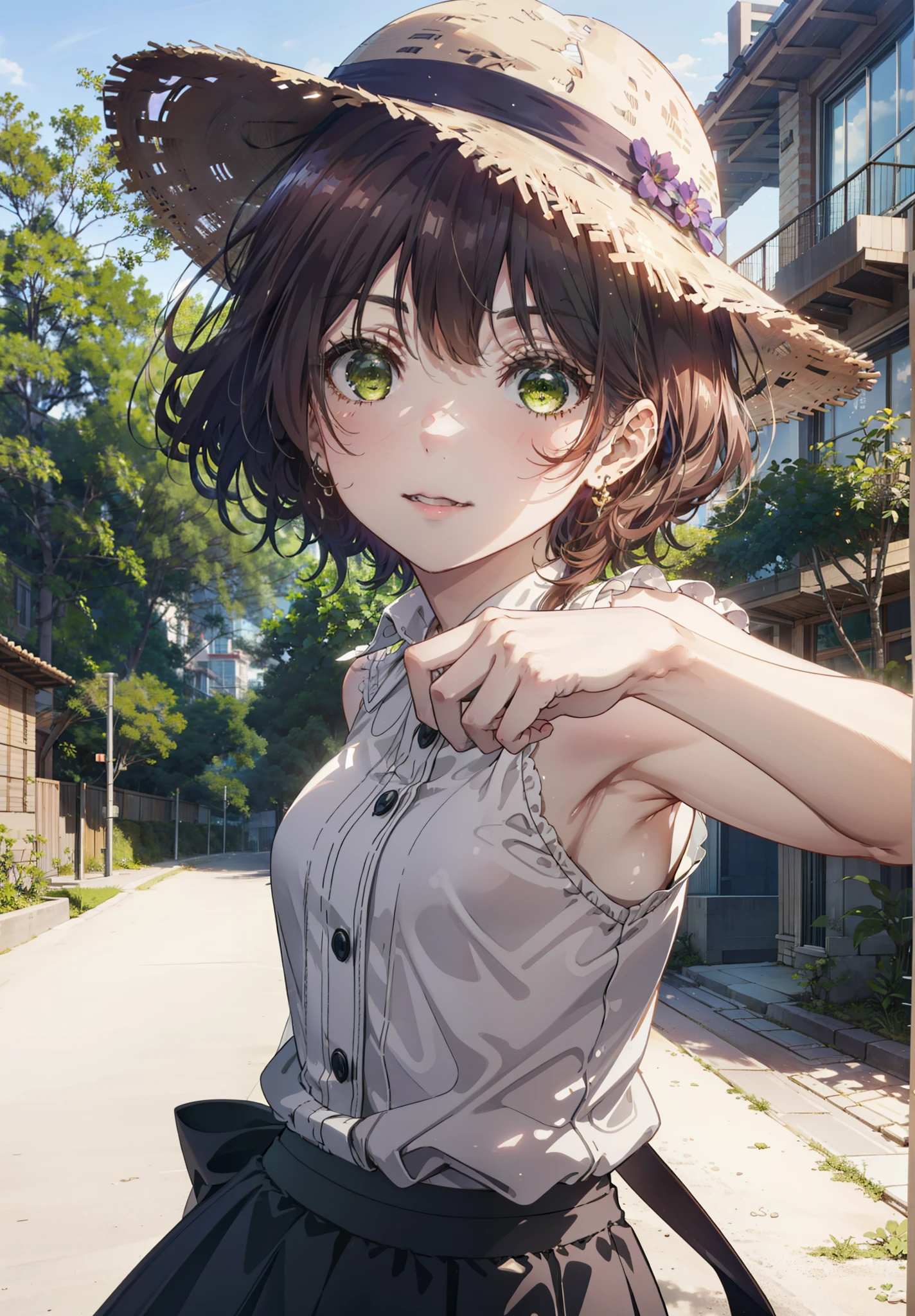 Seven days, Aoi Hinami, short hair, bangs, Brown Hair, (Green Eyes:1.5), smile,Straw hat,Sleeveless dress,Bare arms,Long skirt,Cute heeled sandals,Walking,morning,morning陽,The sun is rising,Palm tree,whole bodyがイラストに入るように,
break outdoors, Coastal Road,tropical,
break looking at viewer,whole body,
break (masterpiece:1.2), Highest quality, High resolution, unity 8k wallpaper, (figure:0.8), (Beautiful attention to detail:1.6), Highly detailed face, Perfect lighting, Highly detailed CG, (Perfect hands, Perfect Anatomy),