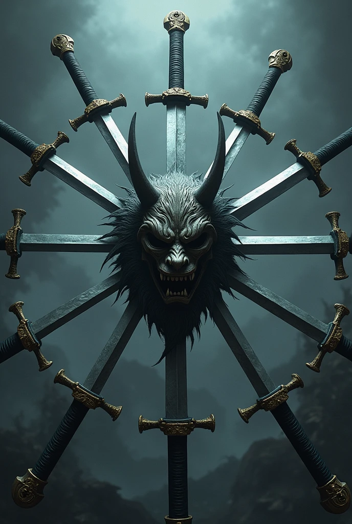 Create a circle of swords with an oni mask in the center